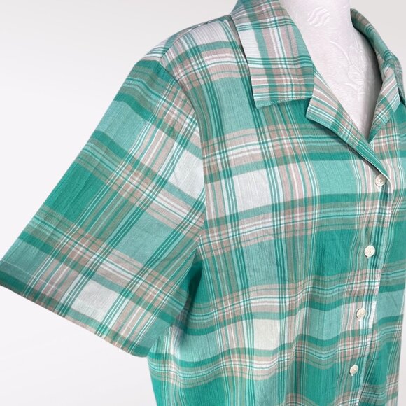 Allison Daley Green Plaid Button Front Blouse Short Sleeve Cotton 16 Petite - Picture 7 of 8